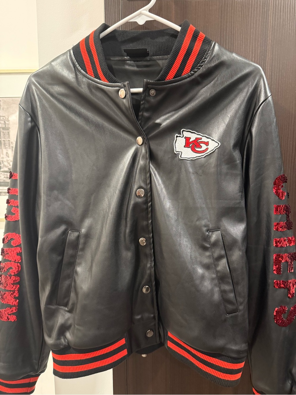 KC Chiefs Black Leather Bomber Jacket
